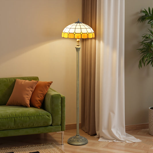 HOMCOM Tiffany-Style Floor Lamp with Handcrafted Stained Glass Shade, 152cm Tall Vintage Standing Lamp with Foot Switch and Dual Sockets for Living Room Bedroom, Bronze Tone and Orange