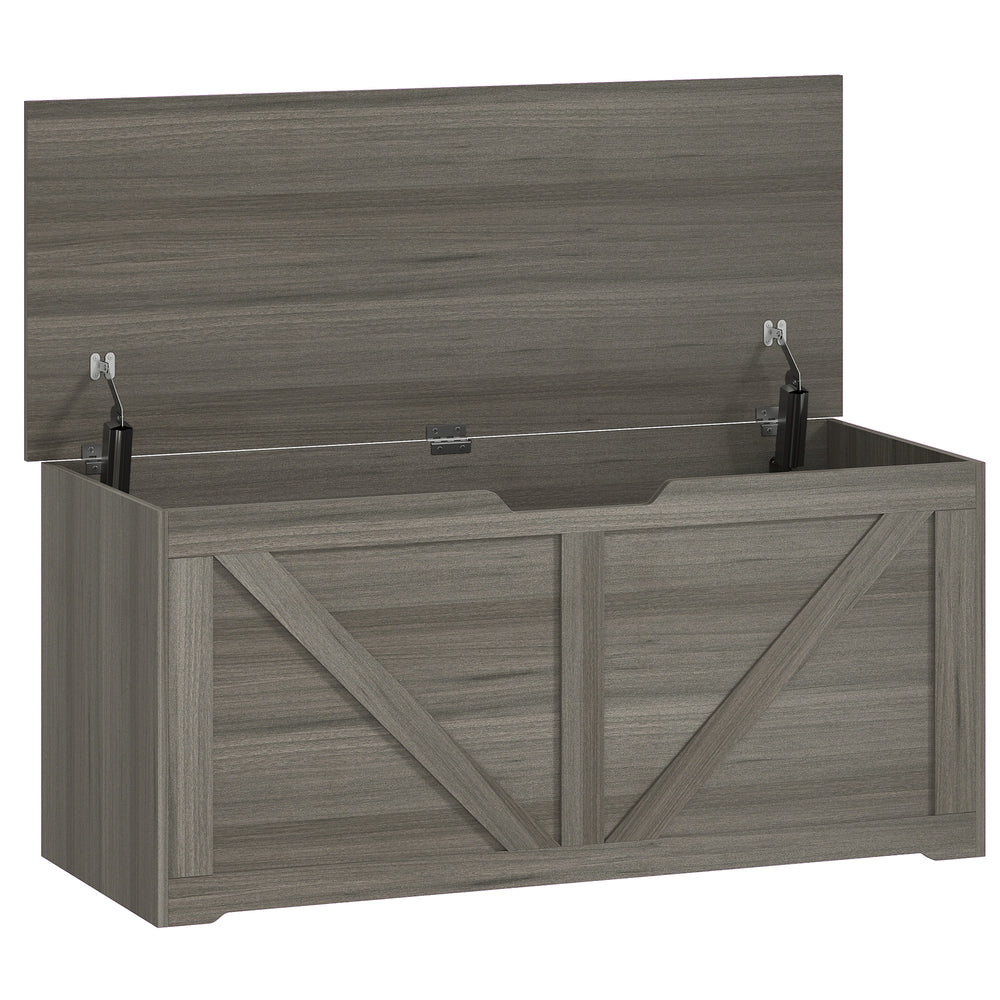 HOMCOM 127L Home Storage Box, with Safety Hinges - Dark Grey Wood-Effect