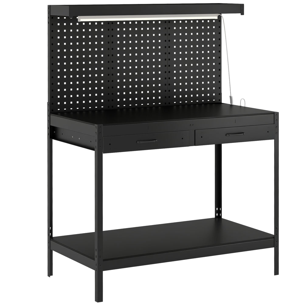 HOMCOM 110 cm Workbench with Pegboard, Heavy Duty Work Table with Power Strip and LED Light, Black