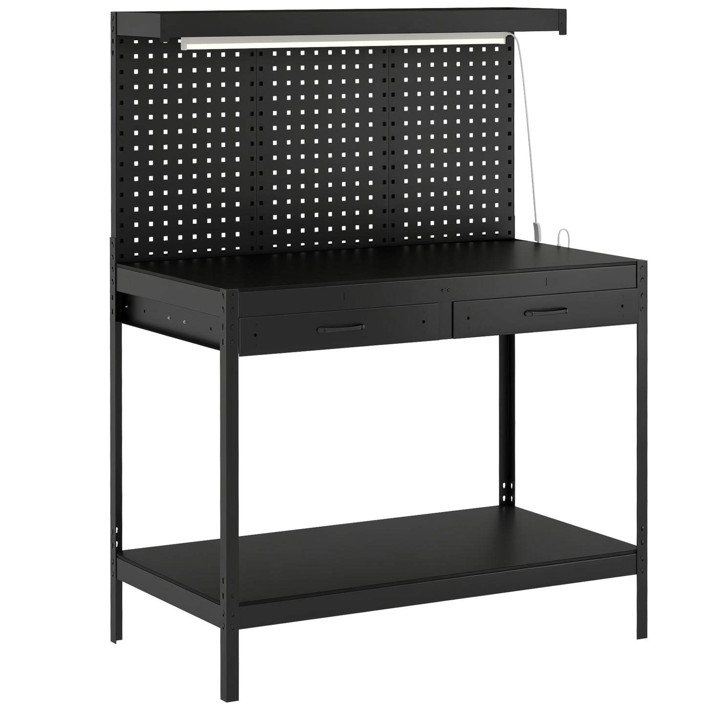 HOMCOM 110 cm Workbench with Pegboard, Heavy Duty Work Table with Power Strip and LED Light, Black
