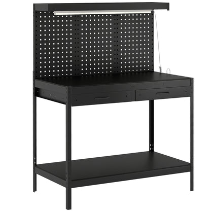 HOMCOM 110 cm Workbench with Pegboard, Heavy Duty Work Table with Power Strip and LED Light, Black