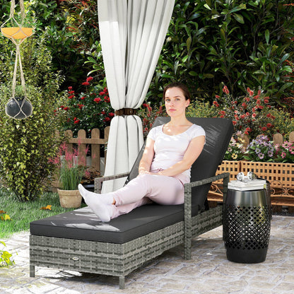 Outsunny Patio Rattan Sun Lounger, Dual Wicker Weave Outdoor Single Reclining Chair Furniture, 5-Level Adjustable Backrest w/ Removeable & Washable Cushion, Mixed Grey