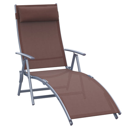 Outsunny Sun Lounger Steel Frame Outdoor Folding Chaise Texteline Lounge Chair Recliner with Headrest & 7 Levels Adjustable Backrest, Brown