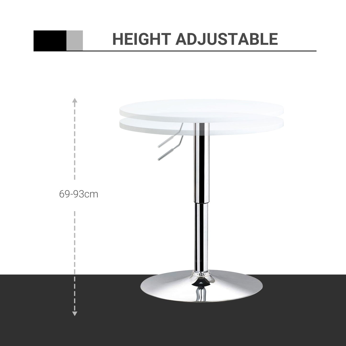 HOMCOM Bar Table â60cm Adjustable Height Round Bistro Table w/ Swivel Top Metal Frame Counter Surface Stylish Kitchen Conservatory White
