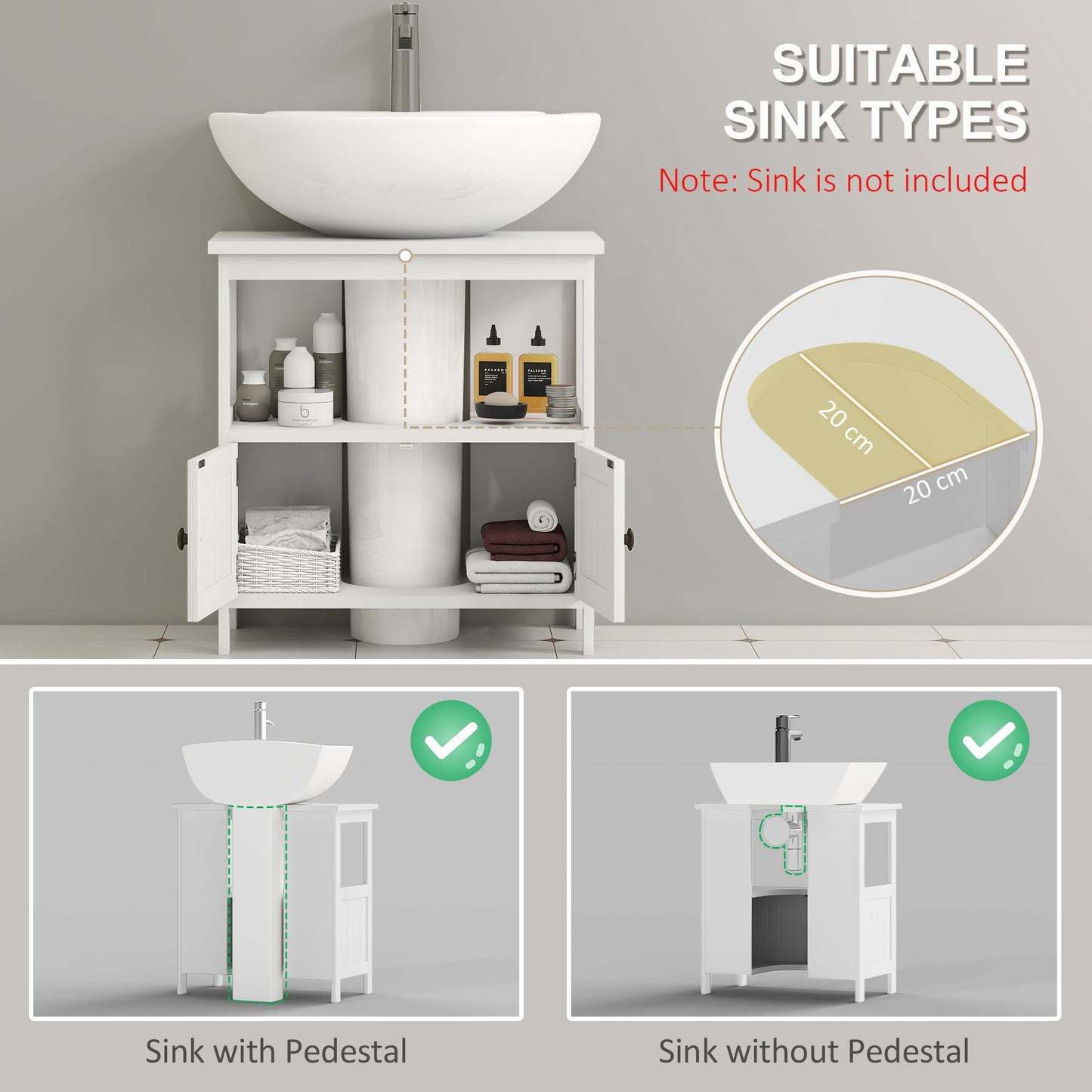 kleankin Pedestal Under Sink Cabinet with Double Doors, Modern Bathroom Vanity Storage Unit with Shelves, White