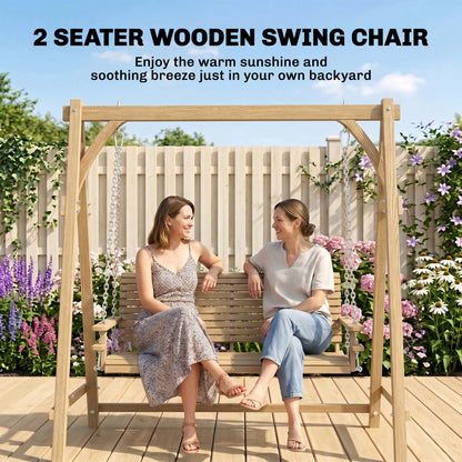 Outsunny 2 Seater Garden Swing Seat, Wooden Swing Chair Bench with Cup Holders for Outdoor Porch Patio, Natural