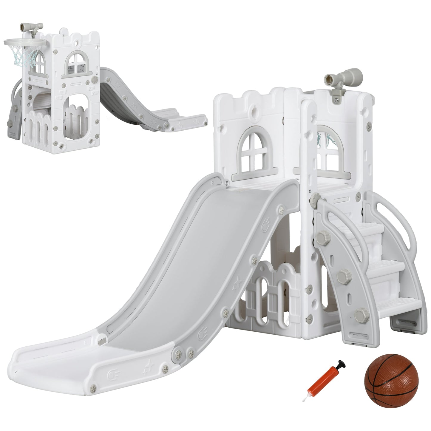 AIYAPLAY 4 in 1 Toddler Slide with Basketball Hoop, Climber, Telescope, Storage Basket, for Ages 1-3 Years, Grey