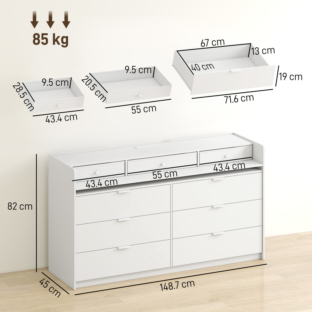 HOMCOM Chest of Drawers for Bedroom with LED Light & Charging Station, 9 Drawers Storage Unit/TV Stand, White