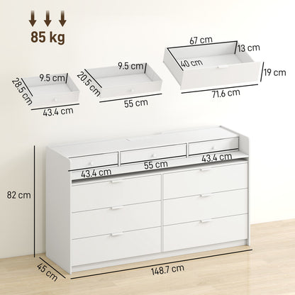 HOMCOM Chest of Drawers for Bedroom with LED Light & Charging Station, 9 Drawers Storage Unit/TV Stand, White