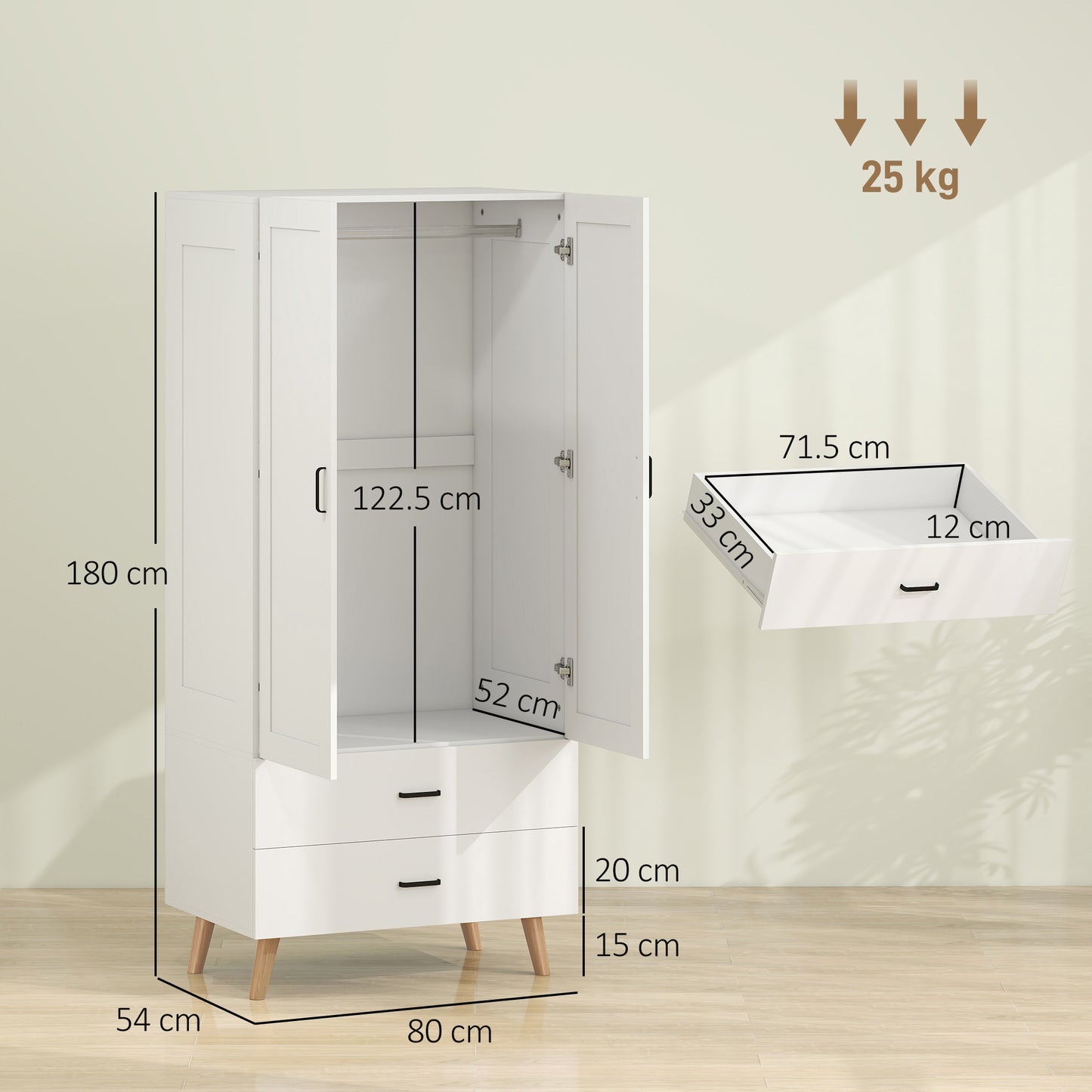 HOMCOM 2-Door Wardrobe, Modern Wardrobe with 2 Drawers and Hanging Rail for Bedroom, White