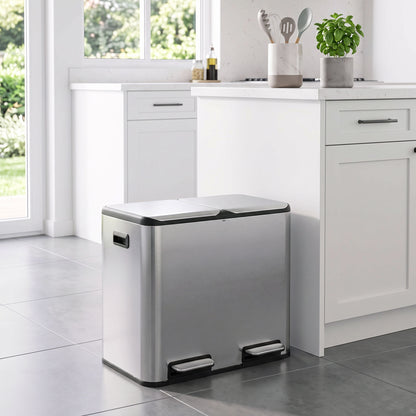 HOMCOM 2 x 20L Double Kitchen Bin, Stainless Steel Pedal Rubbish Bin with Dual Compartments, Soft Close Lids, Silver Tone