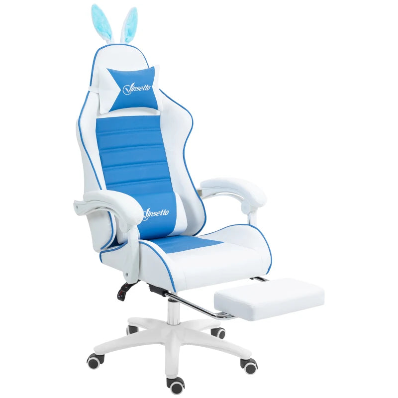 Vinsetto Racing Gaming Chair, Reclining PU Leather Computer Chair with Removable Rabbit Ears, Footrest and Lumber Support, Blue