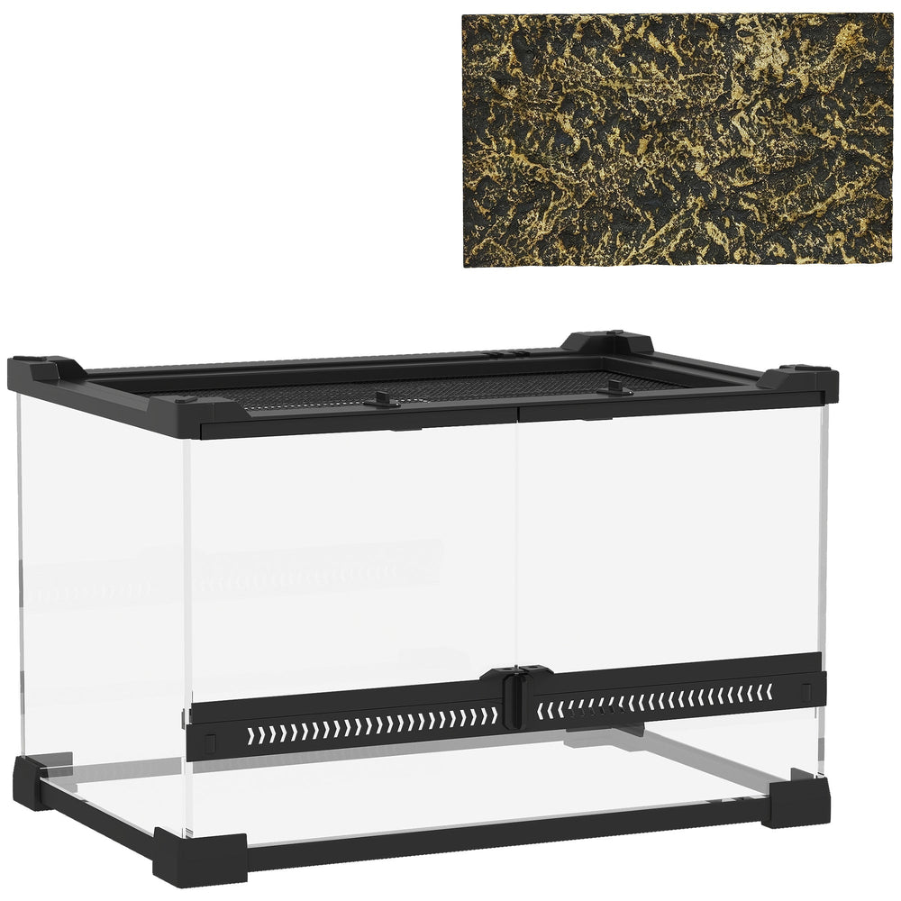 PawHut Reptile Glass Terrarium with Stone Background, Front Ventilation, Escape-Proof Knob Lock, 30 x 20 x 20 cm, Black