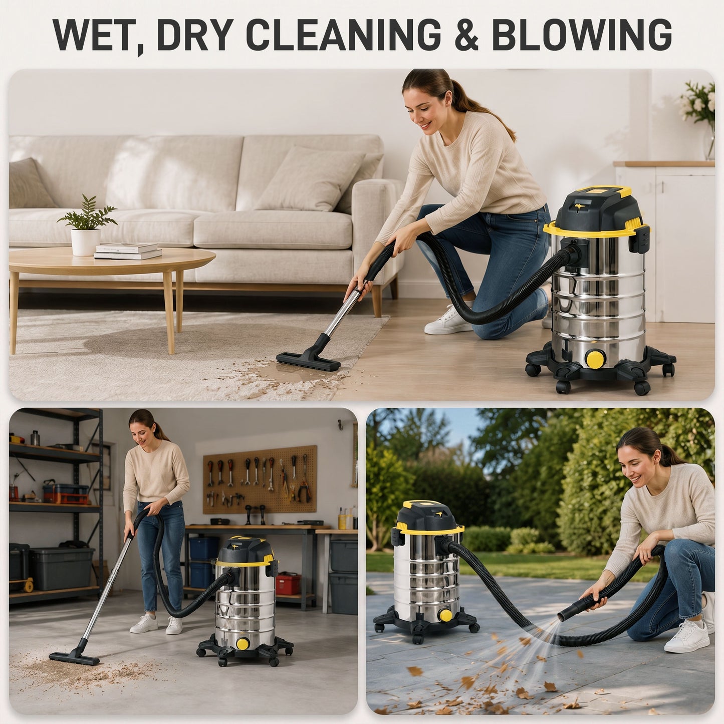 HOMCOM 1400W Vacuum Cleaner, 3-in-1 Wet and Dry Vacuum Cleaner with Blowing Mode and 30L Stainless Steel Tank, Yellow