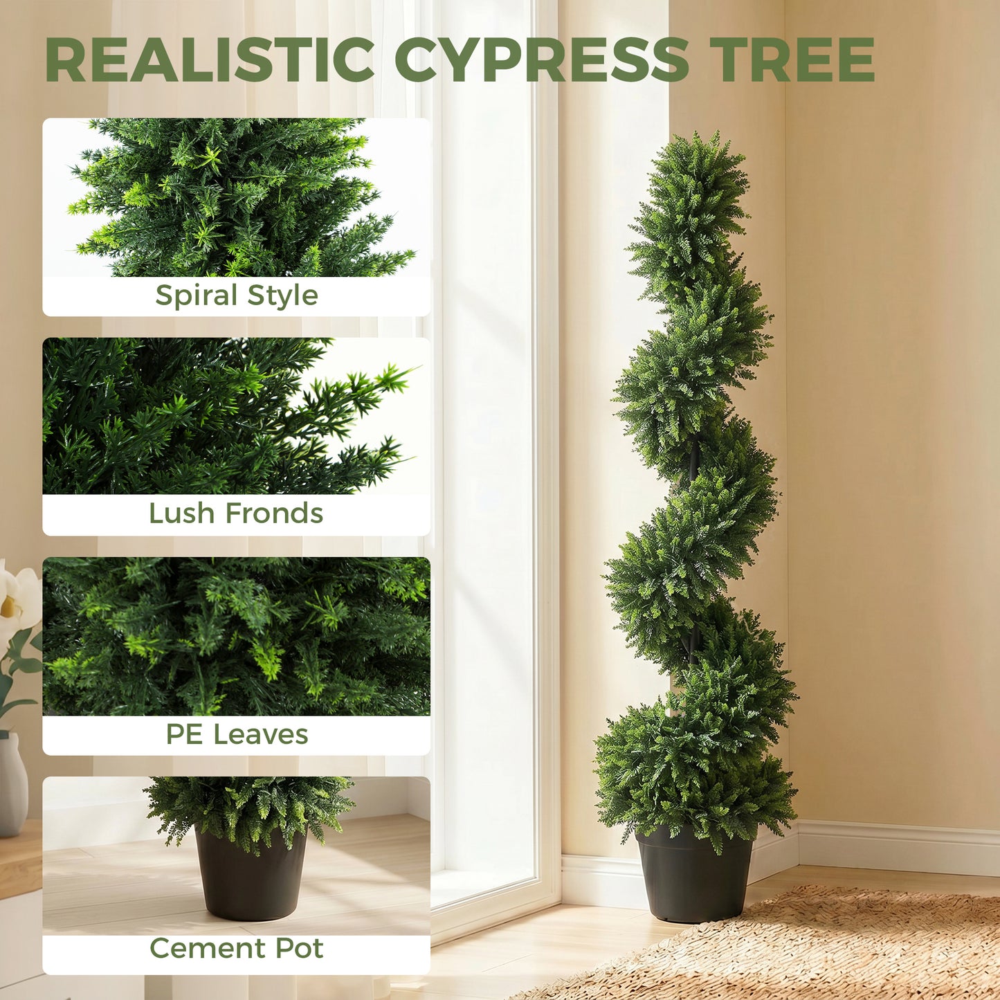 HOMCOM Set of 2 Artificial Spiral Cypress Trees, Fake Plants with 700 Leaves, UV Protection, Deep Green