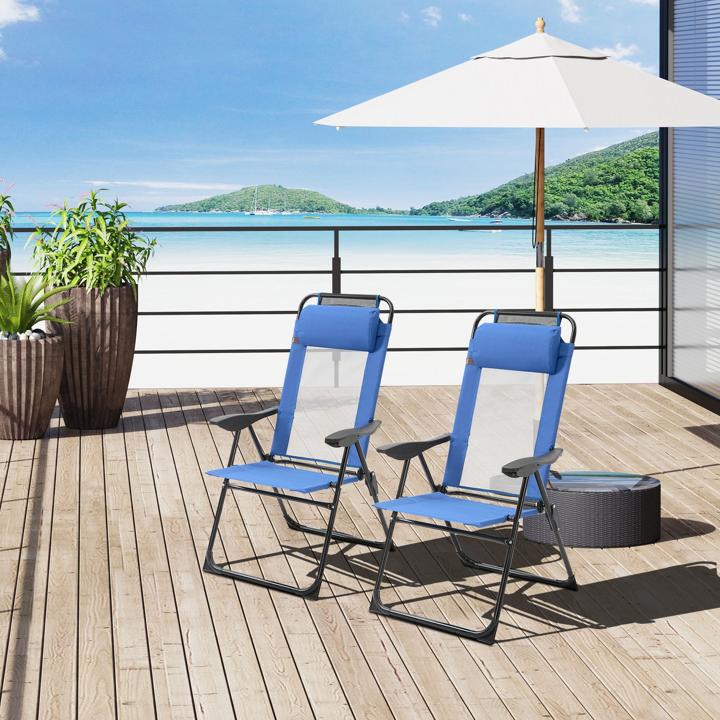Outsunny Set of 2 Portable Folding Recliner Metal Outdoor Patio Chaise Lounge Chairs with Adjustable Backrest, Blue