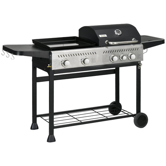 Outsunny 12kW Deluxe Duo Gas BBQ, with Grill, Plancha and Side Burner - Black