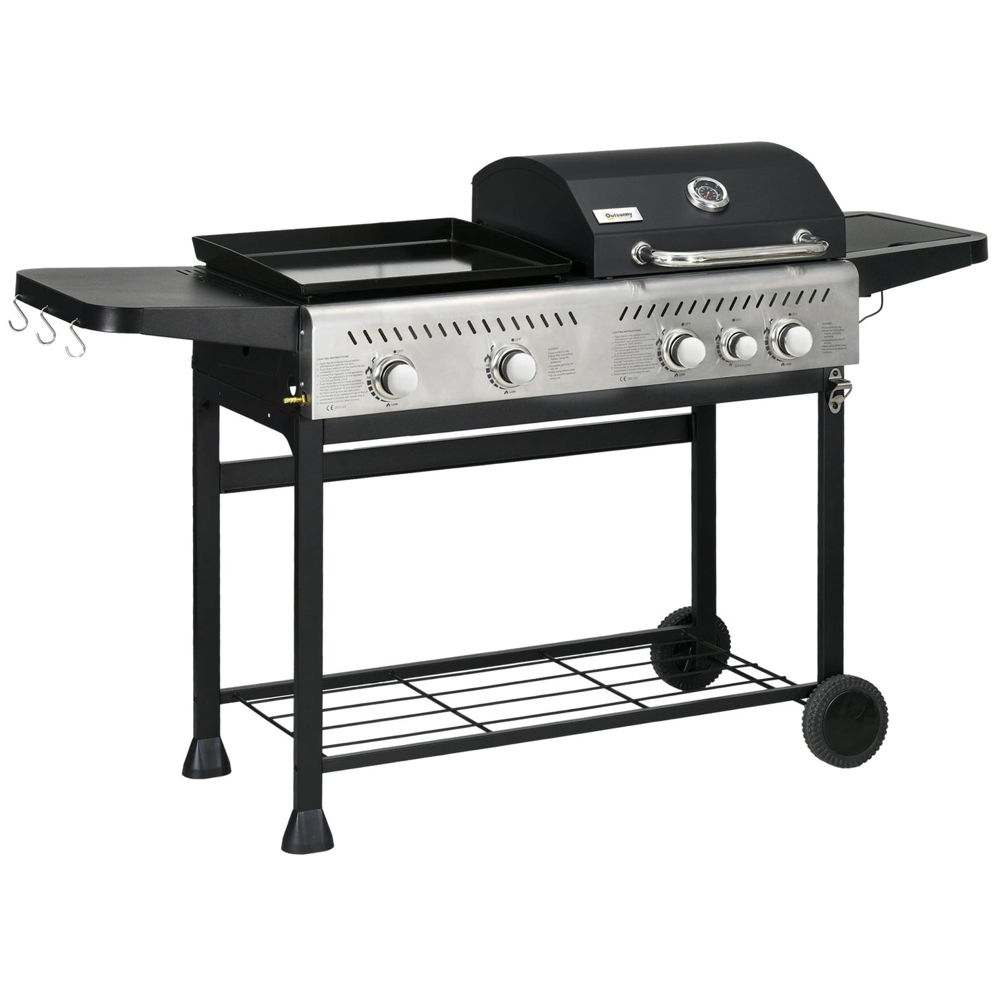 Outsunny 12kW Deluxe Duo Gas BBQ, with Grill, Plancha and Side Burner - Black