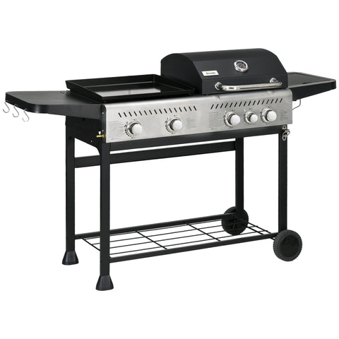 Outsunny 12kW Deluxe Duo Gas BBQ, with Grill, Plancha and Side Burner - Black