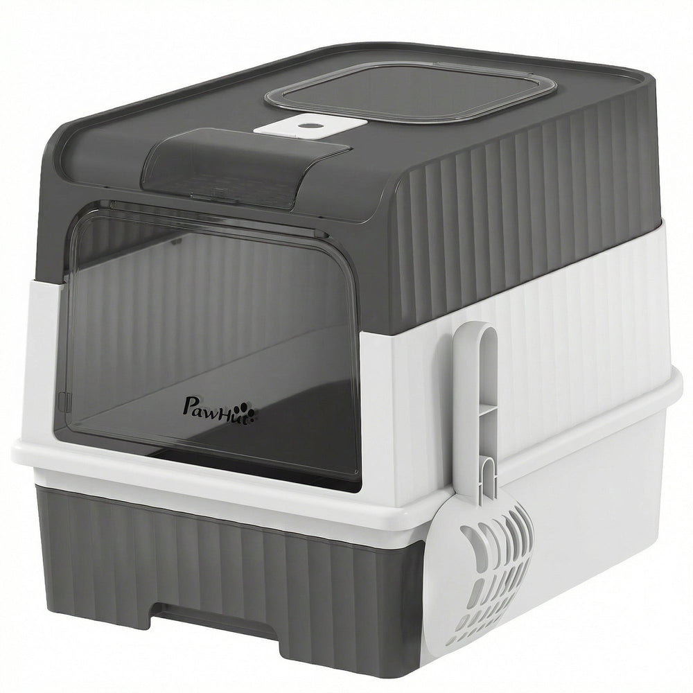PawHut Enclosed Cat Litter Box with Lid, Pull-Out Drawer Tray, Scoop, 4 Deodorisation Bags, Front Entry & Top Exit, Grey