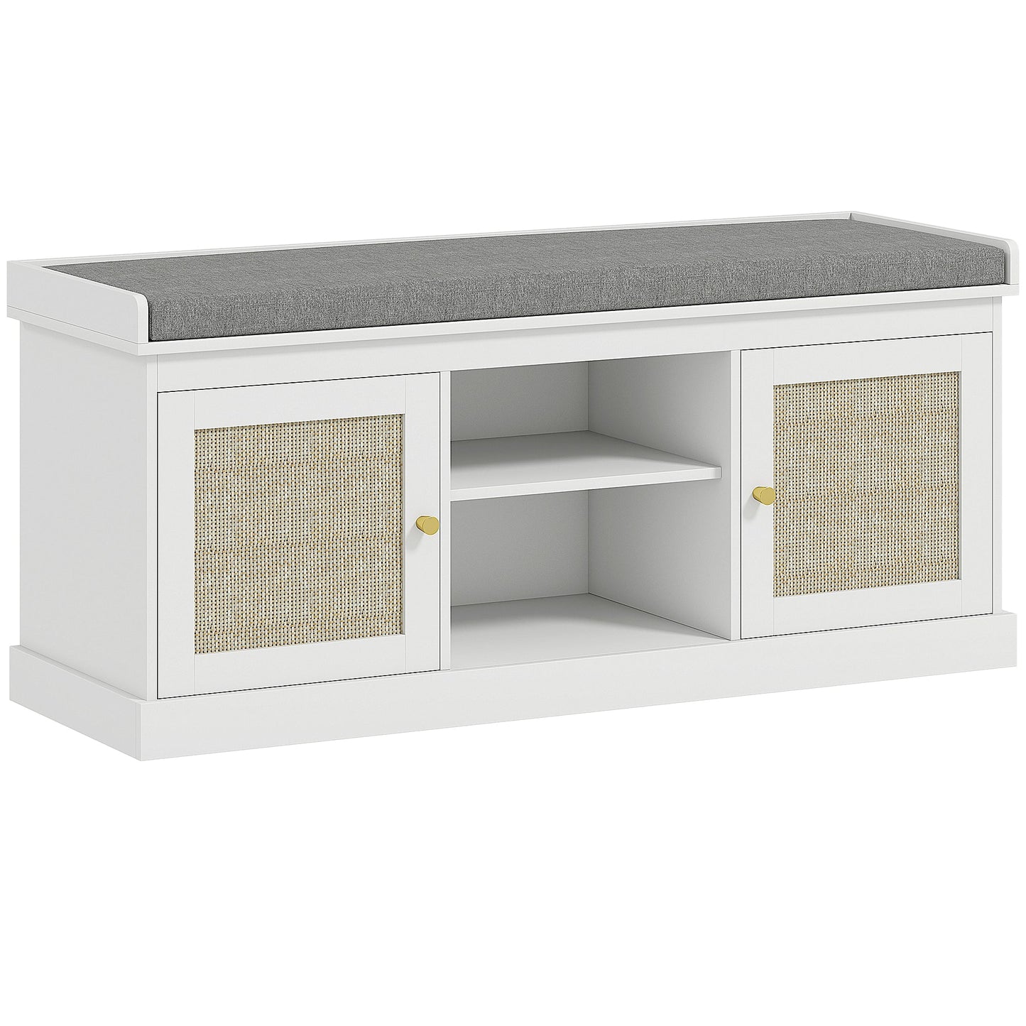 HOMCOM Boho Shoe Storage Bench with Padded Cushion and Rattan Doors - White
