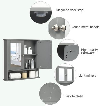 Wooden Hanging Medicine Organizer with Mirror and Adjustable Shelf-Grey