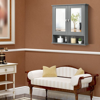 Wooden Hanging Medicine Organizer with Mirror and Adjustable Shelf-Grey