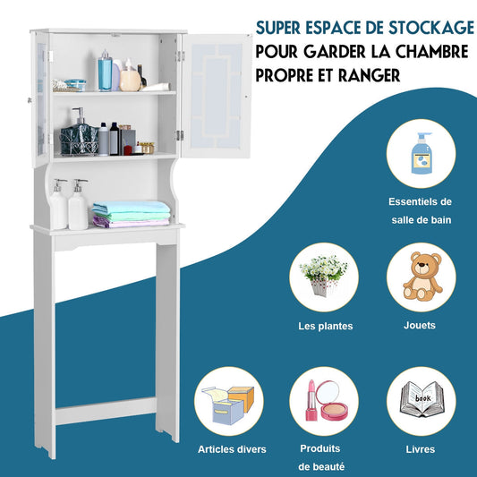 Over The Toilet Storage Cabinet with Double Tempered Glass Doors-White