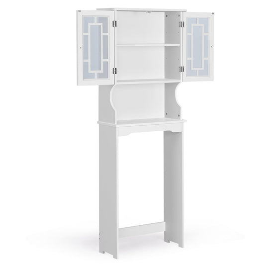 Over The Toilet Storage Cabinet with Double Tempered Glass Doors-White