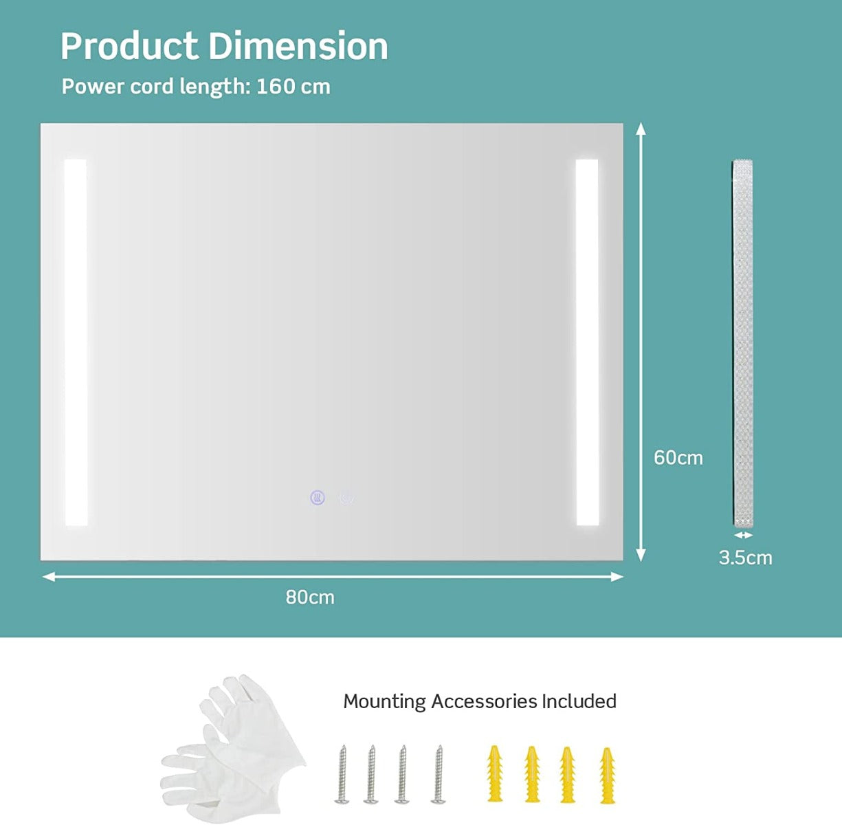 مرآة حمام مضاءة بإضاءة LED مقاس 80×60 سم