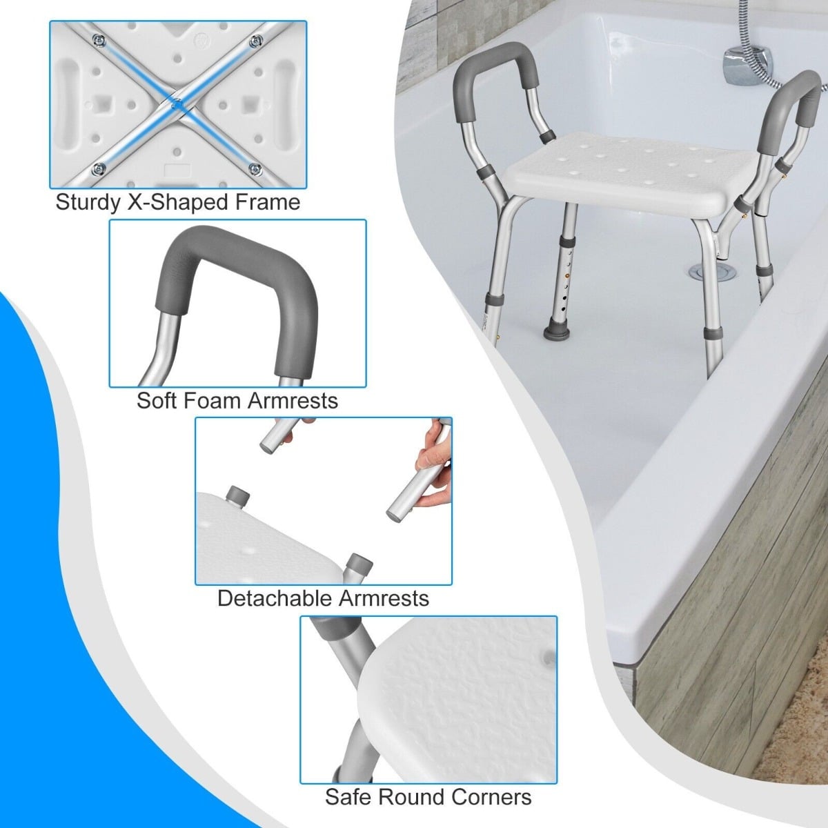 Bath Chair Shower Bench with Detachable Padded Arms-Grey