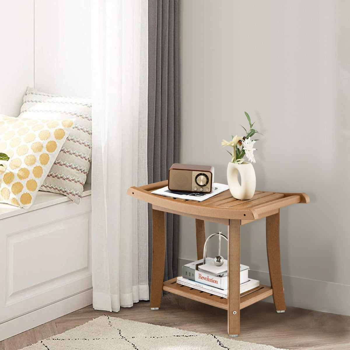 Waterproof Bath Stool with Curved Seat and Storage Shelf-Brown