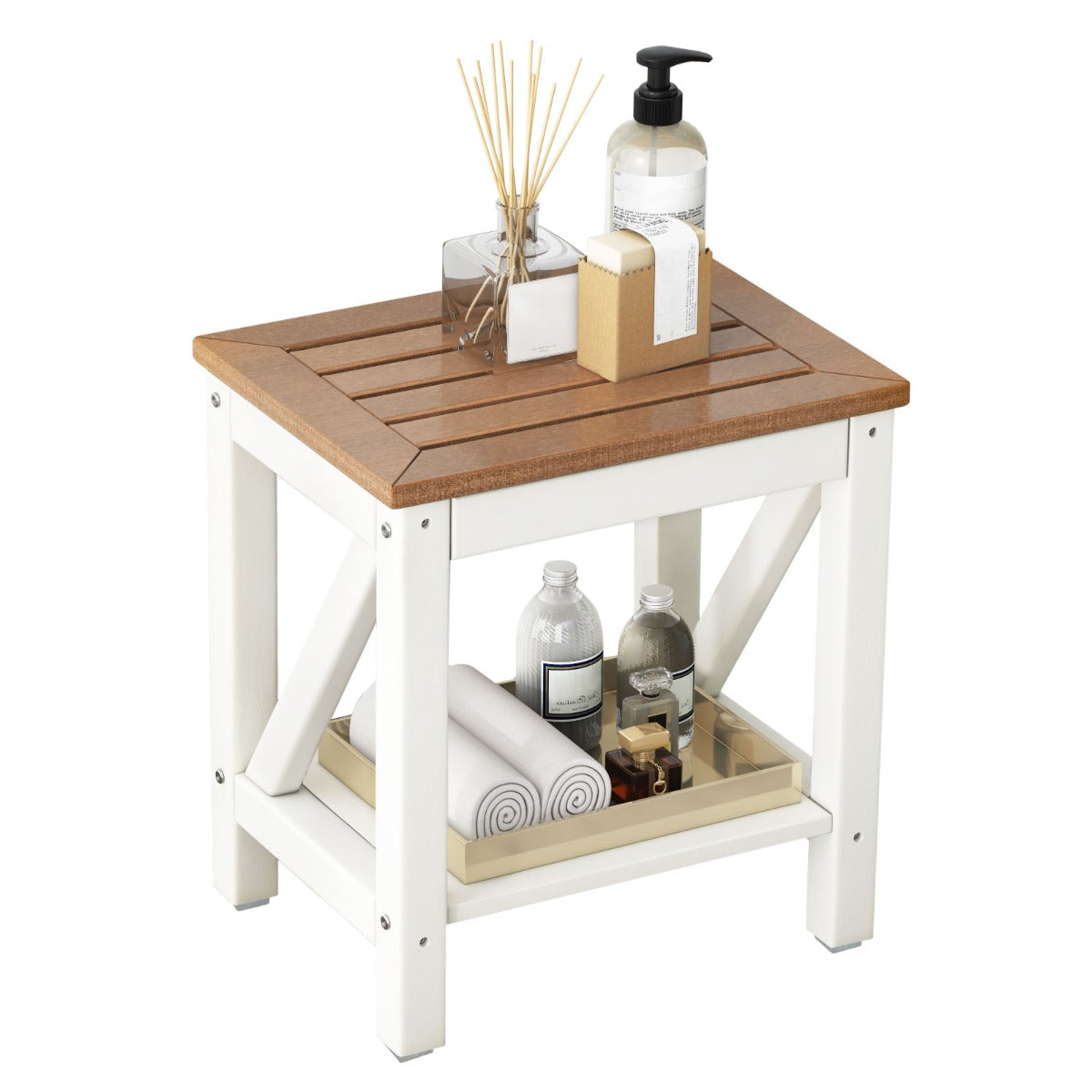 2-tier Waterproof Shower Bench with Storage Shelf-Brown