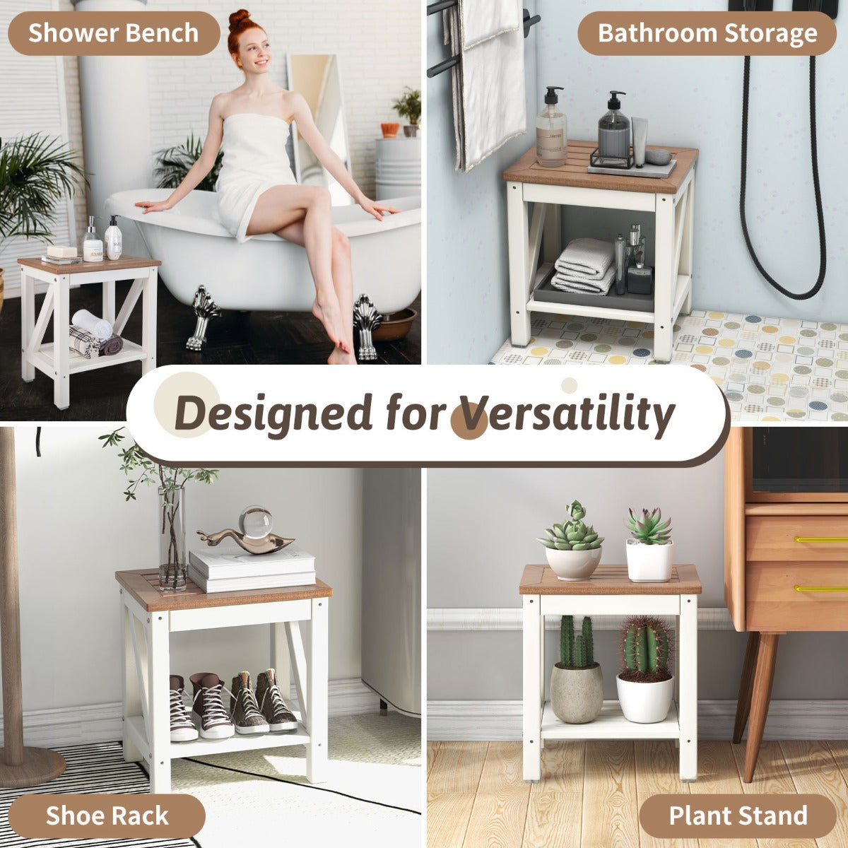 2-tier Waterproof Shower Bench with Storage Shelf-Brown