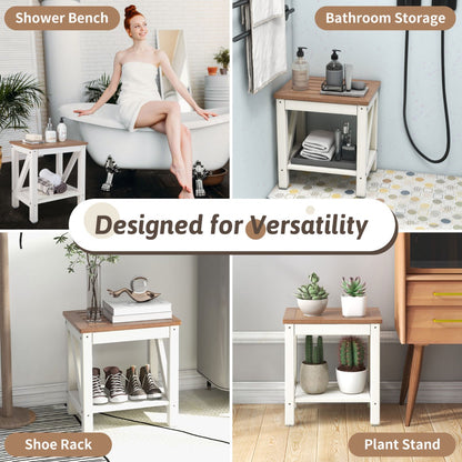 2-tier Waterproof Shower Bench with Storage Shelf-Brown