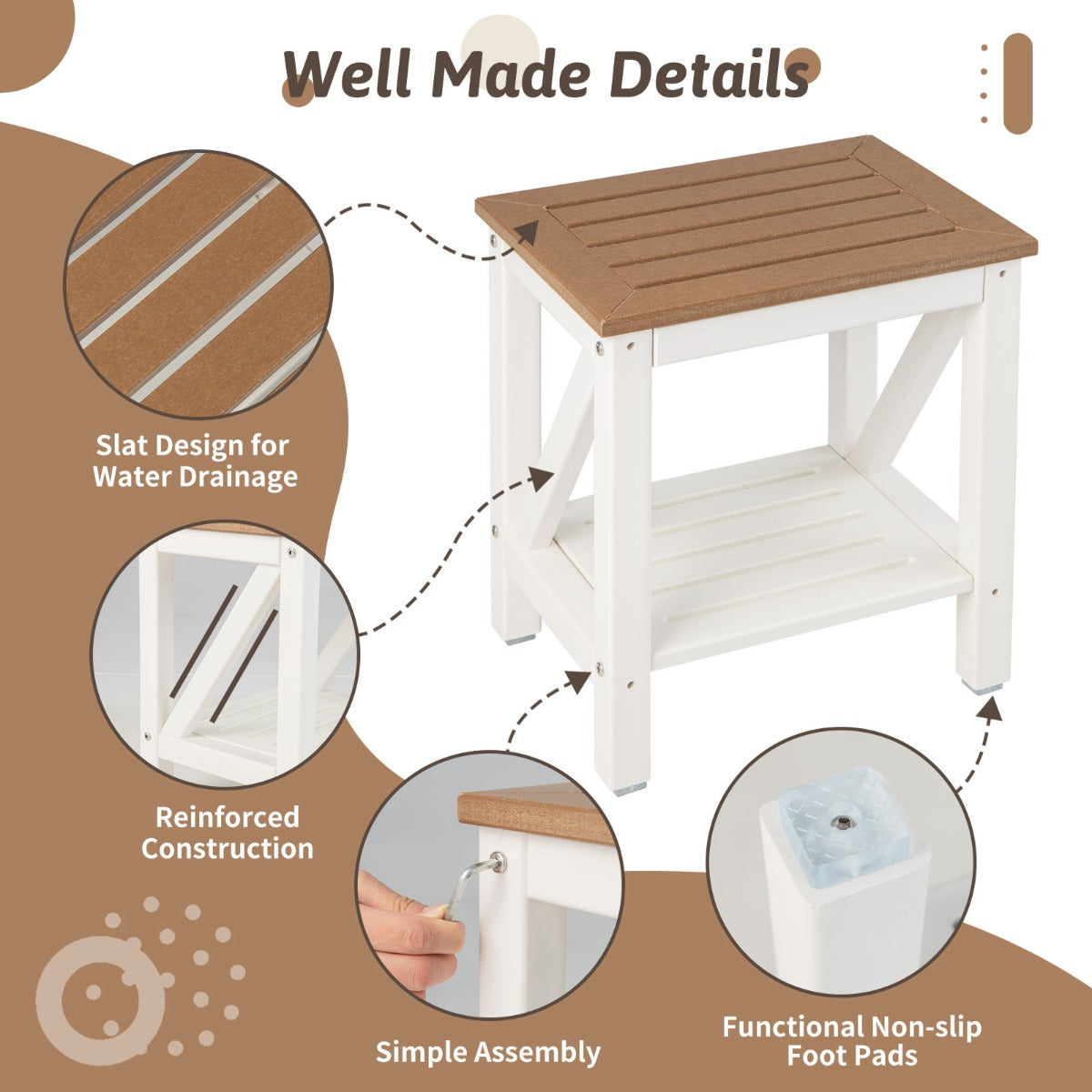 2-tier Waterproof Shower Bench with Storage Shelf-Brown