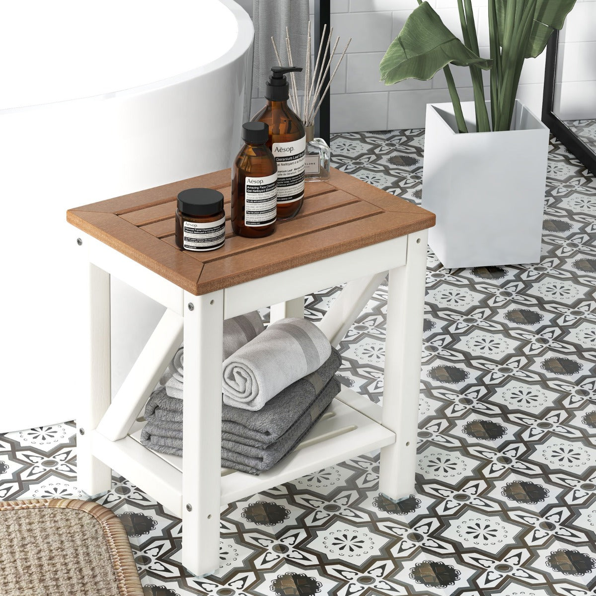 2-tier Waterproof Shower Bench with Storage Shelf-Brown