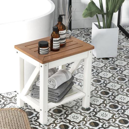 2-tier Waterproof Shower Bench with Storage Shelf-Brown