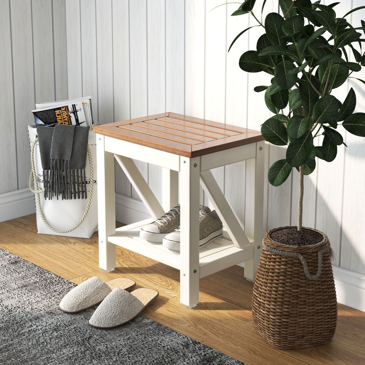 2-tier Waterproof Shower Bench with Storage Shelf-Brown