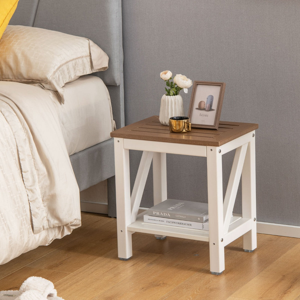 2-tier Waterproof Shower Bench with Storage Shelf-Brown