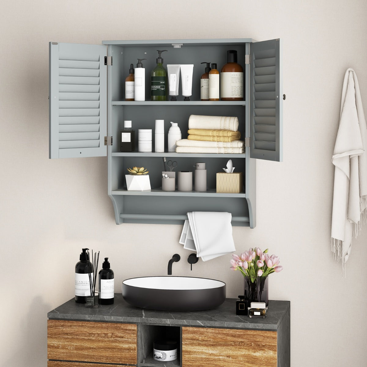 2-Doors Bathroom Wall-Mounted Medicine Cabinet with Towel Bar-Gray