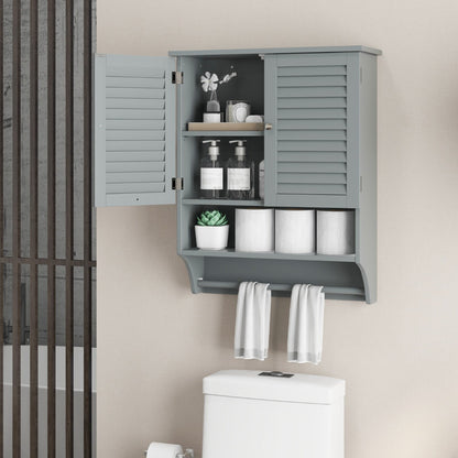 2-Doors Bathroom Wall-Mounted Medicine Cabinet with Towel Bar-Gray