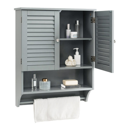 2-Doors Bathroom Wall-Mounted Medicine Cabinet with Towel Bar-Gray