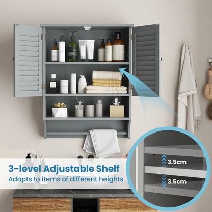 2-Doors Bathroom Wall-Mounted Medicine Cabinet with Towel Bar-Gray