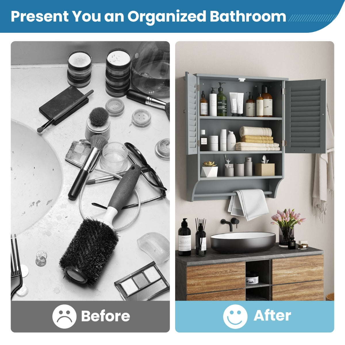 2-Doors Bathroom Wall-Mounted Medicine Cabinet with Towel Bar-Gray