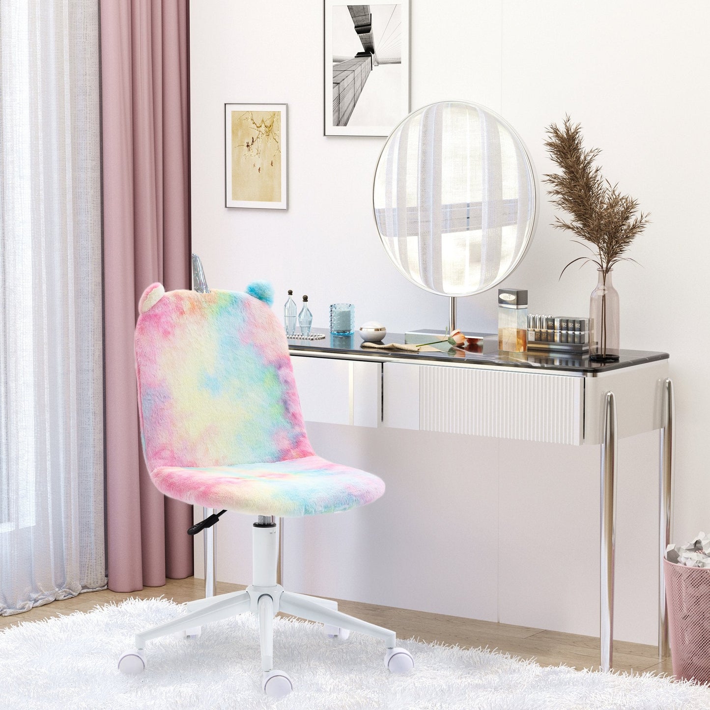 Vinsetto Fluffy Unicorn Office Chair with Swivel Wheel, Cute Desk Chair, Rainbow