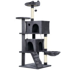 PawHut 140cm Large Cat Tree Tower with Sisal Scratching Posts, Cat Houses, Plush Perches, Hammock, Ladder, Dark Grey