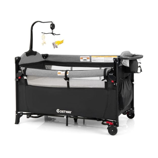 5-in-1 Convertible Baby Bed with Changing Table & Storage Bag Black