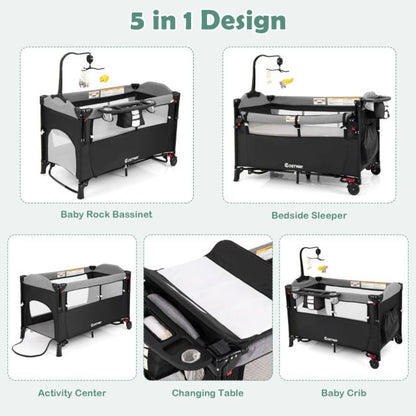 5-in-1 Convertible Baby Bed with Changing Table &amp; Storage Bag Black