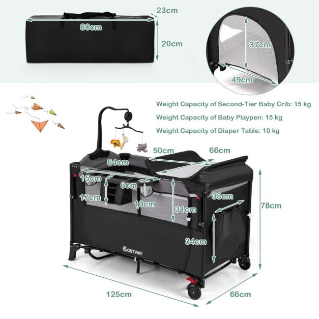 5-in-1 Convertible Baby Bed with Changing Table &amp; Storage Bag Black